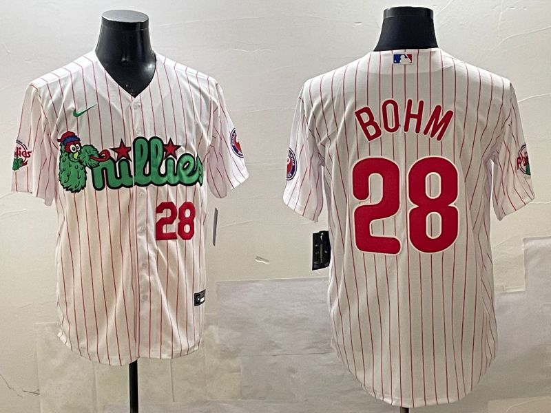 Men Philadelphia Phillies 28 Bohm White Stripe Three generations Joint Name Game 2025 Nike MLB Jersey style 4